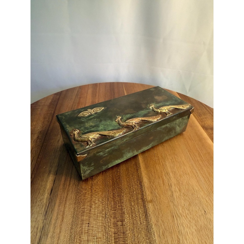 Vintage Enrique Zavala Mexico Copper and Brass Peacock Trinket Box Brutalist